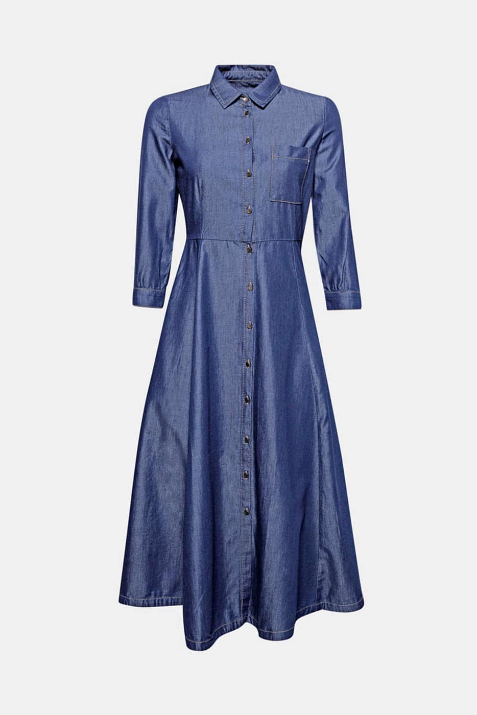 Avec sa taille haute, sa jupe oscillante et ses manches trois-quarts, cette robe longueur midi d'aspect denim foncÃ© tendance et entiÃ¨rement boutonnÃ©e sur le devant arbore un look stylÃ© inÃ©ditÂ !