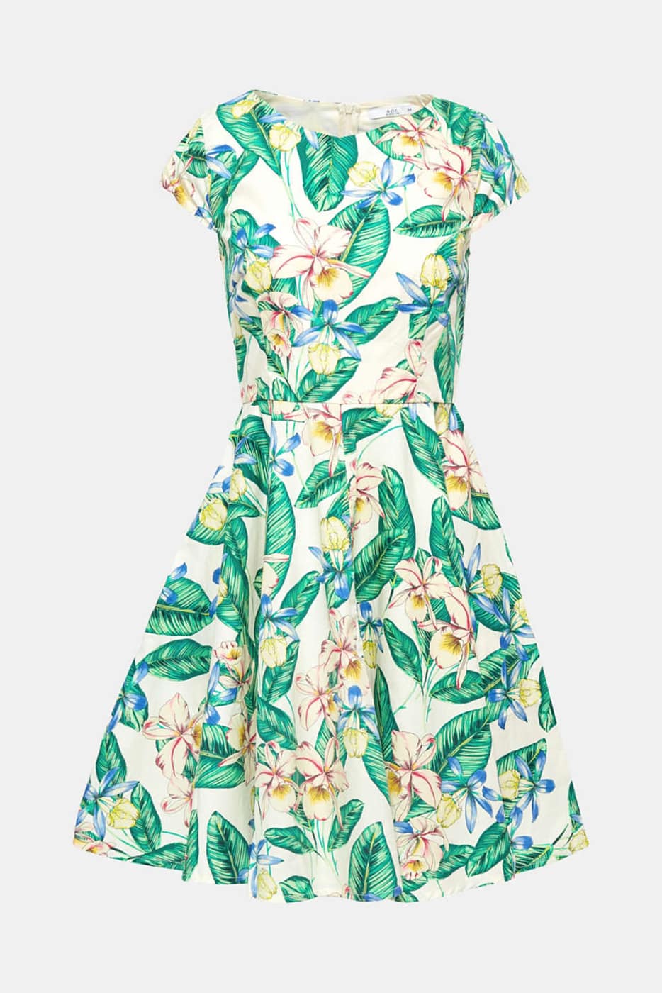 Cette robe doit son charme rÃ©tro tendance Ã  sa silhouette oscillante et Ã  son imprimÃ© tendance composÃ© de fleurs tropicales.